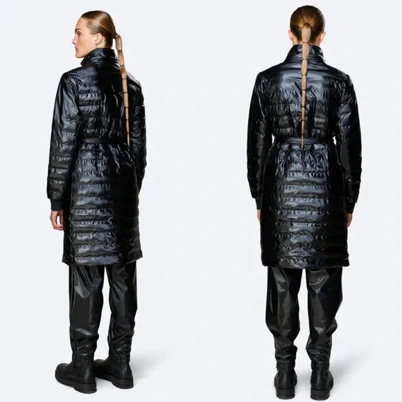 NWT RAINS Trekker W Coat XS/S Shiny Black Insulated Belted Waterproof Long - Picture 2 of 13
